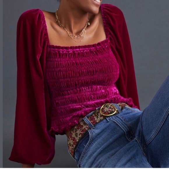 Anthropologie Tops - NWT Anthropologie Lilac Velvet Puffed Sleeve Smocked Peasant Top Sz Medium